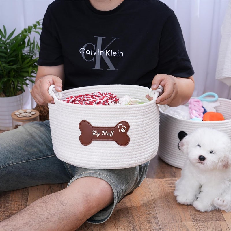 JUPPE Pet Dog Storage Basket with Brown Leather Bone Design, Cotton Rope Organizer for Dog Toys, 12 x 12 x 7 inches, Puppy Toy Storage Organizer (Brown Leather Basket) - Image 3
